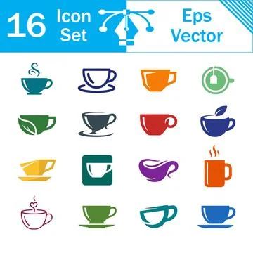 Set of 16 coffee and tea cup vector icons with beverage collection breakfast Stock Illustration