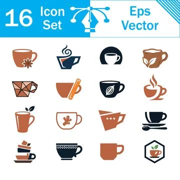 Set of 16 coffee cup and hot beverage icons in vector art style with tea cup Stock Illustration