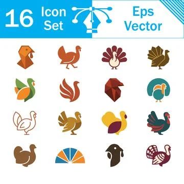 Set of 16 colored flat vector icons depicting turkey birds and thanksgiving Stock Illustration