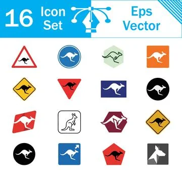 Set of 16 colored icons featuring kangaroo symbols and road warning signs Stock Illustration