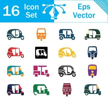Set of 16 colored vector icons depicting auto rickshaws and tuk tuks Stock Illustration