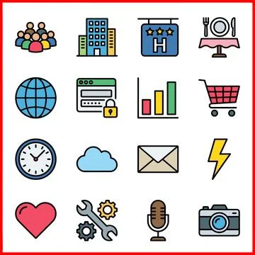 Set of 16 Colorful Flat Line Icons for Web and Mobile Applications. Stock Illustration