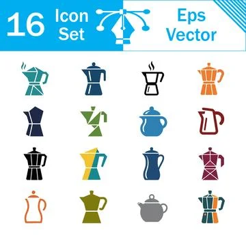 Set of 16 colorful flat vector icons depicting various coffee maker designs 스톡 일러스트