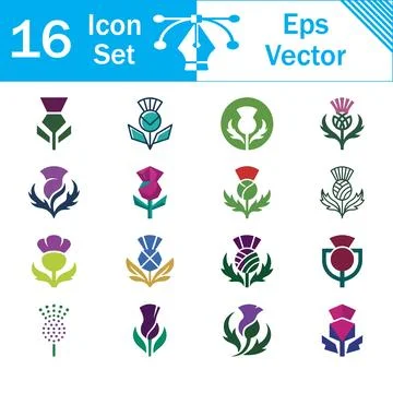 Set of 16 colorful thistle vector icons and botanical flower illustrations Stock Illustration