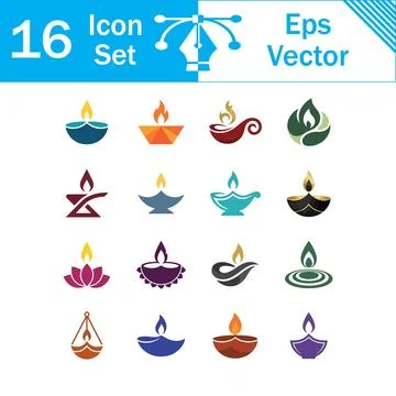 Set of 16 colorful vector icons of diwali oil lamps and celebration symbols Stock Illustration
