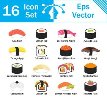 Set of 16 colorful vector icons displaying various types of traditional sushi Stock Illustration
