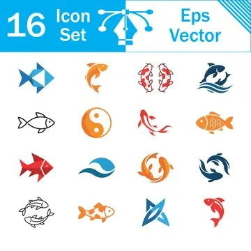 Set of 16 colorful vector icons depicting japanese koi fish and symbols Stock Illustration