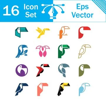 Set of 16 colorful vector toucan bird icons and minimalist logos with minim.. Stock Illustration