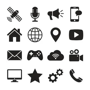 Set of 16 communication and technology icons including satellite, microphon.. Stock Illustration