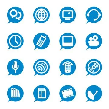 Set of 16 communication bubble icons in blue. Stock Illustration