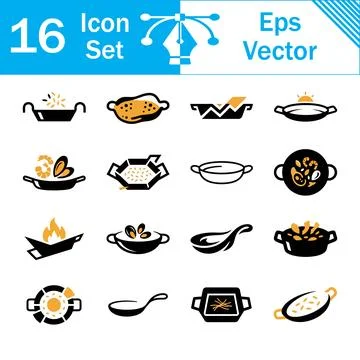 Set of 16 cooking pan and kitchenware icons in flat vector style with equipme Stock Illustration