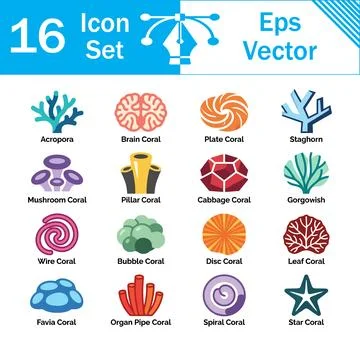Set of 16 creative solid glyphs and flat colors for coral sea life and ocean Stock Illustration