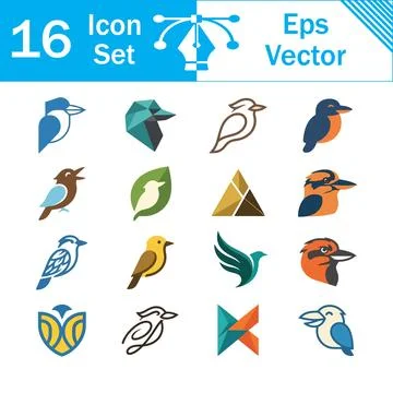 Set of 16 creative vector icons showcasing colorful bird and kookaburra desig Stock Illustration