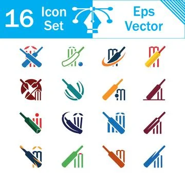 Set of 16 cricket bat and wicket vector icons with equipment athletic isolate Stock Illustration