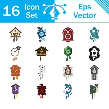 Set of 16 cuckoo clock icons showing diverse antique timepiece styles 스톡 일러스트