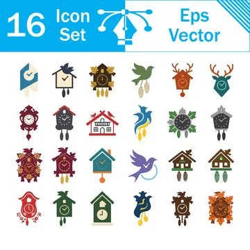 Set of 16 cuckoo clock icons featuring various traditional designs 스톡 일러스트