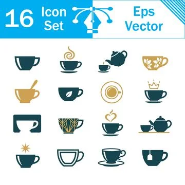 Set of 16 cup and coffee icons in vector format with tea cup Stock Illustration