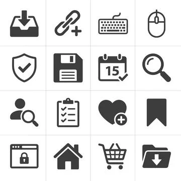 Set of 16 dark grey flat icons for web and mobile applications, including d.. Stock Illustration