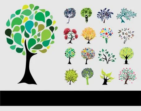 Set of 16 decorative trees Stock Illustration