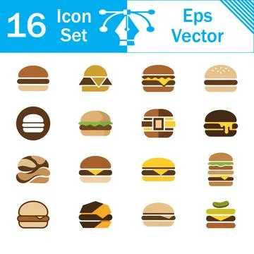 Set of 16 delicious burger and cheeseburger vector icons collection Ilustración de archivo