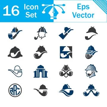Set of 16 detective and pipe vector icons with hat and mystery symbols Stock Illustration