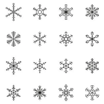 Set of 16 different silhouette geometry snowflakes イラスト素材
