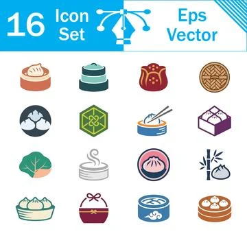 Set of 16 dim sum and traditional asian food vector icons with steamed dump.. Stock Illustration