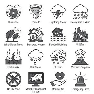 Set of 16 disaster and emergency icons including hurricane, tornado, lightn.. Stock Illustration