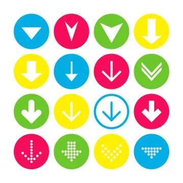 Set of 16 down arrow icons. Arrow buttons on white background in crimson, blu Stock Illustration