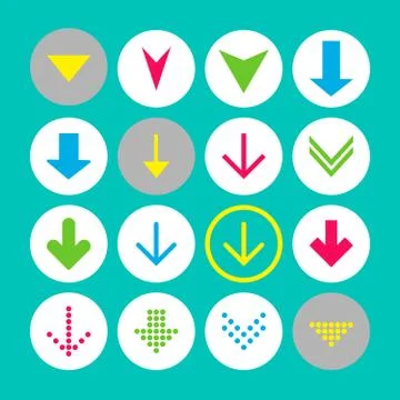 Set of 16 down arrow icons. Arrow buttons on white background in crimson, blu Stock Illustration