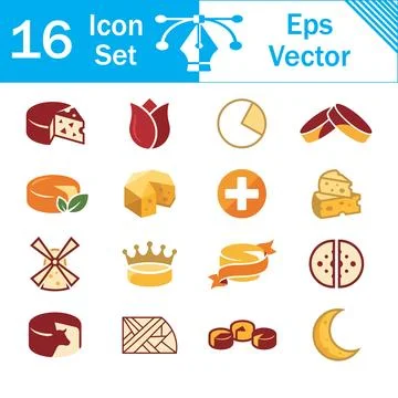 Set of 16 dutch cheese and agriculture vector icons with cheese wheels Illustrazione stock
