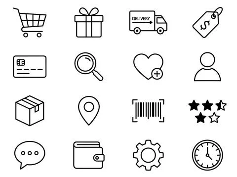 Set of 16 e-commerce and shopping outline icons including shopping cart, gi.. Illustration