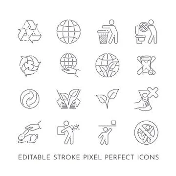 Set of 16 editable stroke pixel perfect icons about recycling and protecting  Stock Illustration