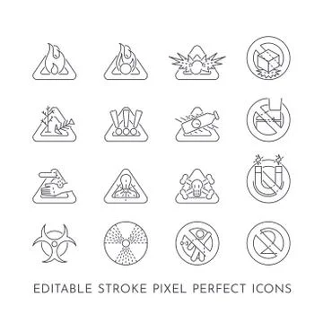Set of 16 editable stroke pixel perfect icons on the theme of hazards Stock Illustration
