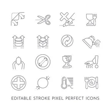 Set of 16 editable stroke pixel perfect icons for packaging and indications o Stock Illustration