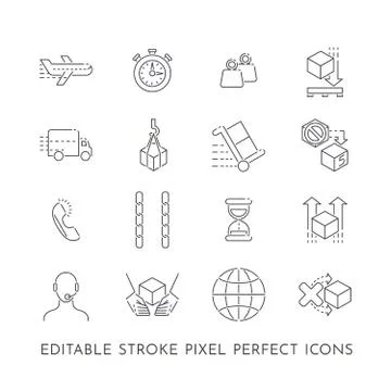 Set of 16 editable stroke pixel perfect icons for package delivery and transp Stock Illustration