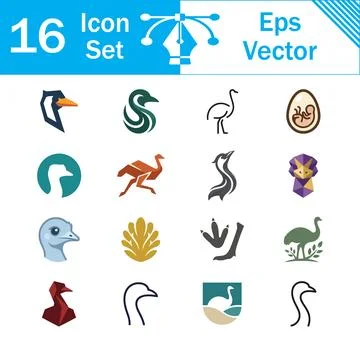 Set of 16 emu bird vector icons and symbols with collection wildlife template Stock Illustration