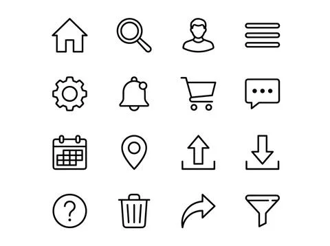Set of 16 essential black line art icons for web and app interface design, .. 스톡 일러스트