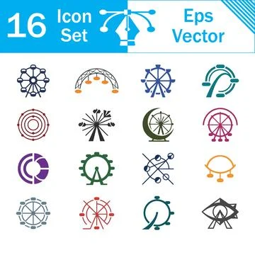 Set of 16 ferris wheel vector icons and amusement park symbols with carnival Stock Illustration