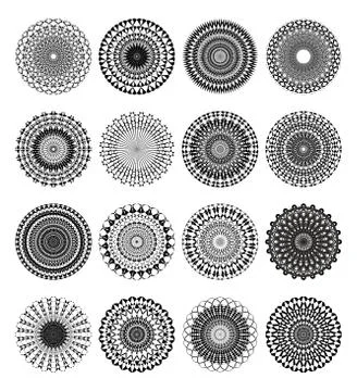Set of 16 filigree lace objects in black and white Stock Illustration