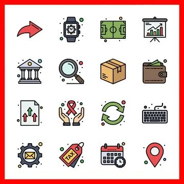 Set of 16 Filled Line Flat Colors UI Icons of share, business, football, gr.. Stock Illustration