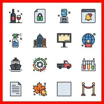 Set of 16 Filled Line Flat Color Pack of Wine Bottle, Document, Water Coole.. Ilustração Stock