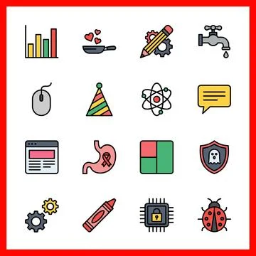Set of 16 Filled Line Flat Color UI Icons for Creative and Business. Stock Illustration