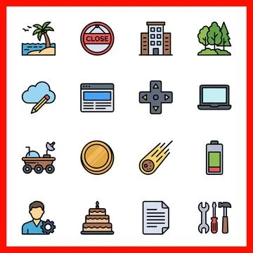 Set of 16 Filled Line Flat Color UI Icons for creative and business use. Иллюстрация