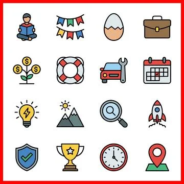 Set of 16 Filled Line Flat Colors UI Business and Finance Icons. Ilustração Stock