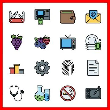 Set of 16 Filled Line Flat Color UI Icons for Web and Mobile. Stock Illustration