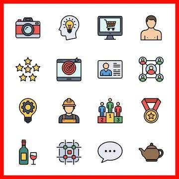Set of 16 Filled Line Flat Colors UI Icons for camera, idea, shopping, user.. Stockillustratie