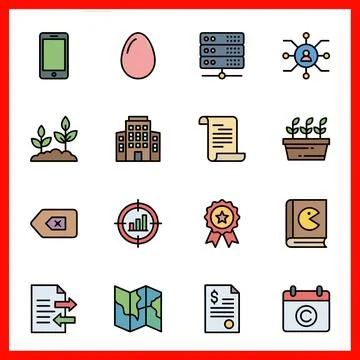 Set of 16 Filled Line Flat Color Business Icons. Stock Illustration