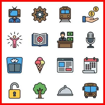 Set of 16 filled line flat color icons for various themes. Иллюстрация