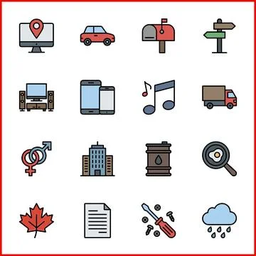 Set of 16 Filled Line Flat Color UI Icons for Web and Mobile. Иллюстрация